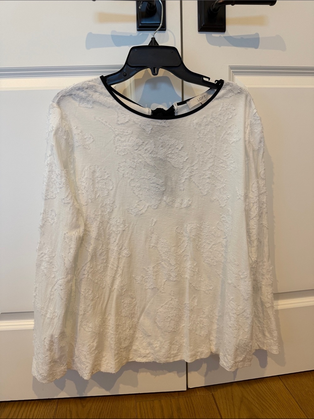 LOFT White Textured Long-Sleeve Top with Black Neck Trim